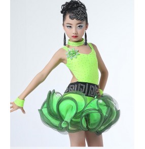 Neon green hot pink rhinestones backless girls kids children performance competition professional latin ballroom dance dresses outfits